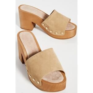 Veronica Beard Hannalee Tan Suede Wooden Clog Sandals